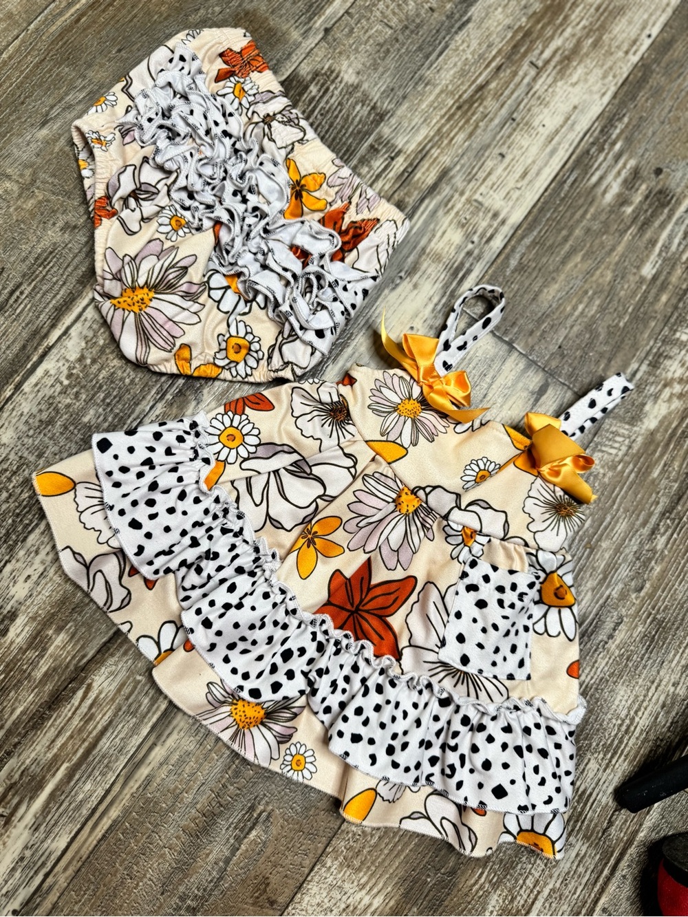 Girls' Floral Ruffle Sundress with Bow Accents - Yellow & Cream